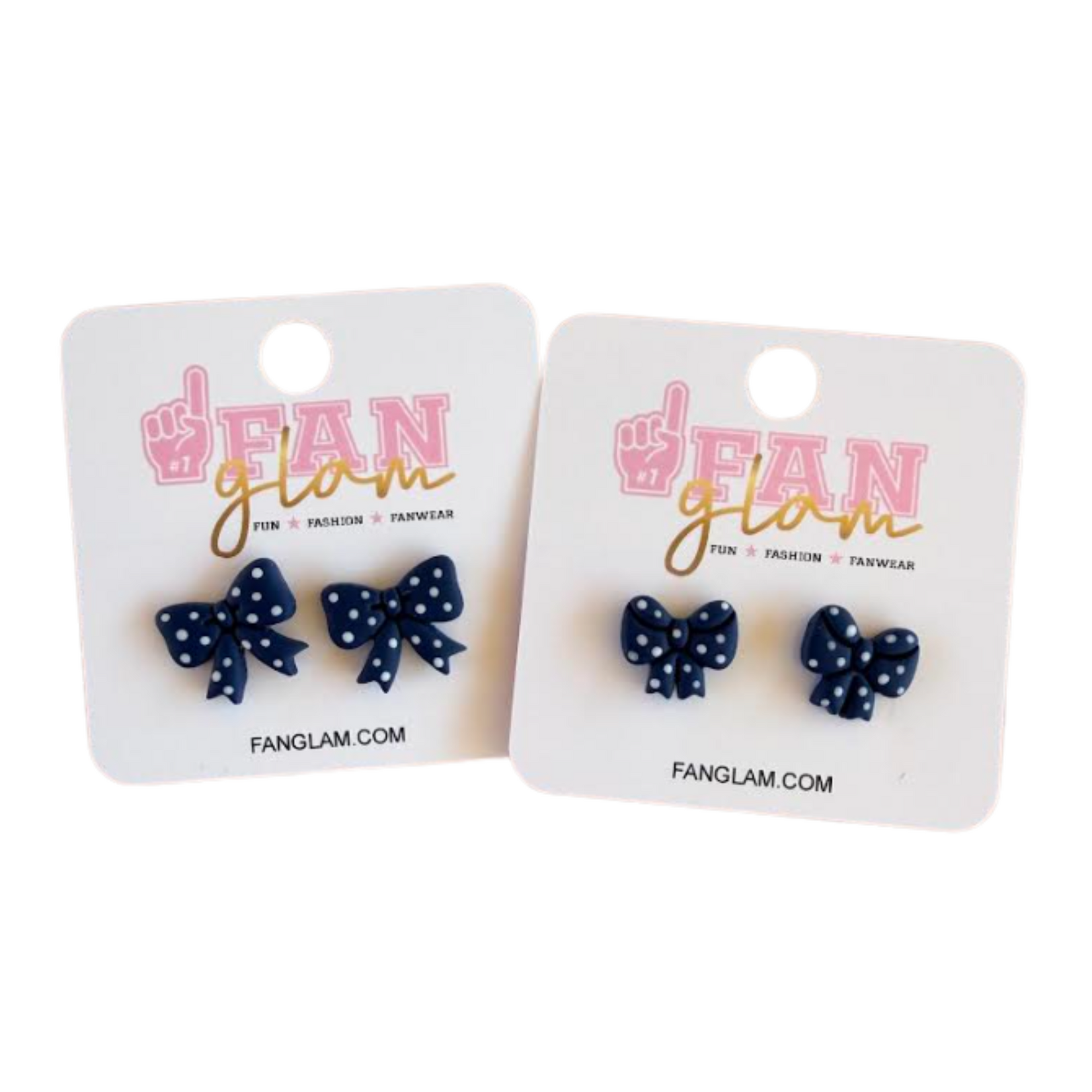 Fan Glam Navy Polka Dot Clay Bow Earrings