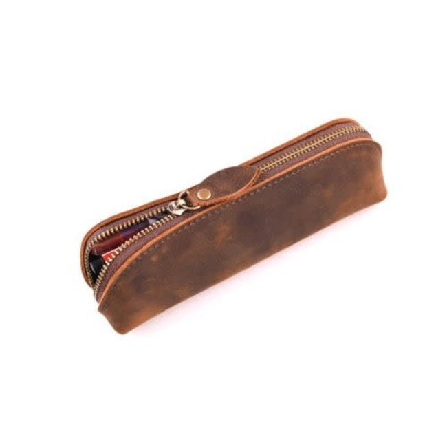 Leather Zipper Pouch, Brown - Handmade