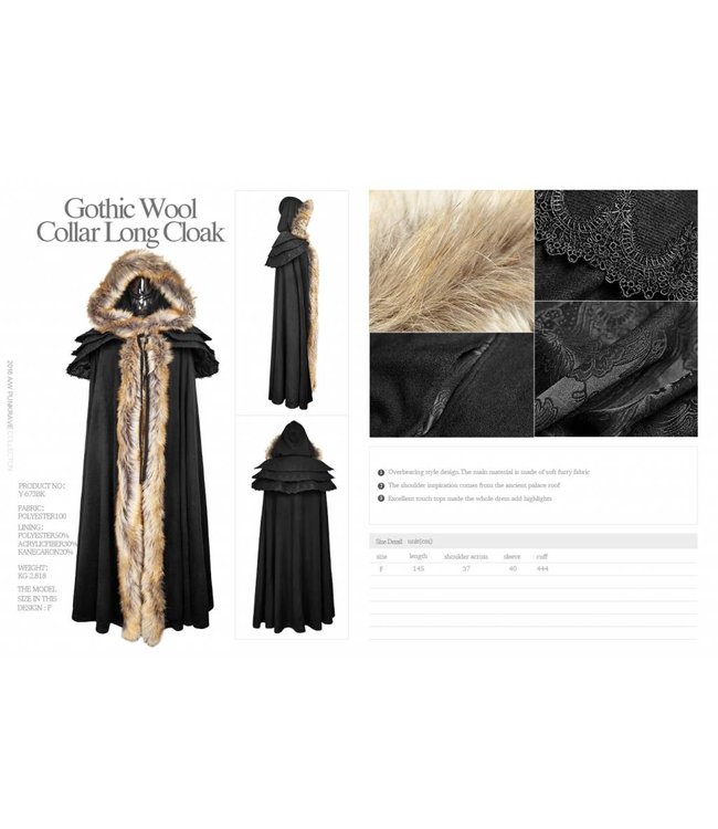 Punk Rave Gothic Wool Collar Long Cloak - Black (/391)