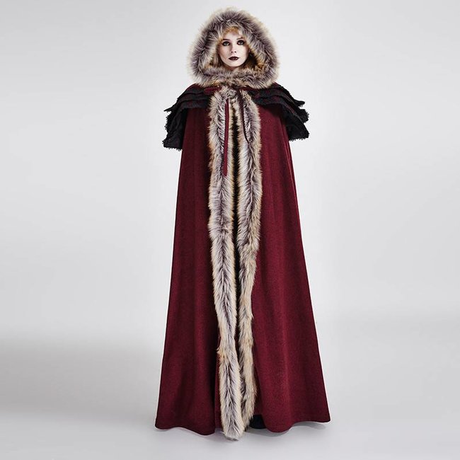 Punk Rave Gothic Wool Collar Long Cloak - Red