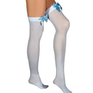 Leg Avenue White Opaque Thigh High With Blue Satin Bow