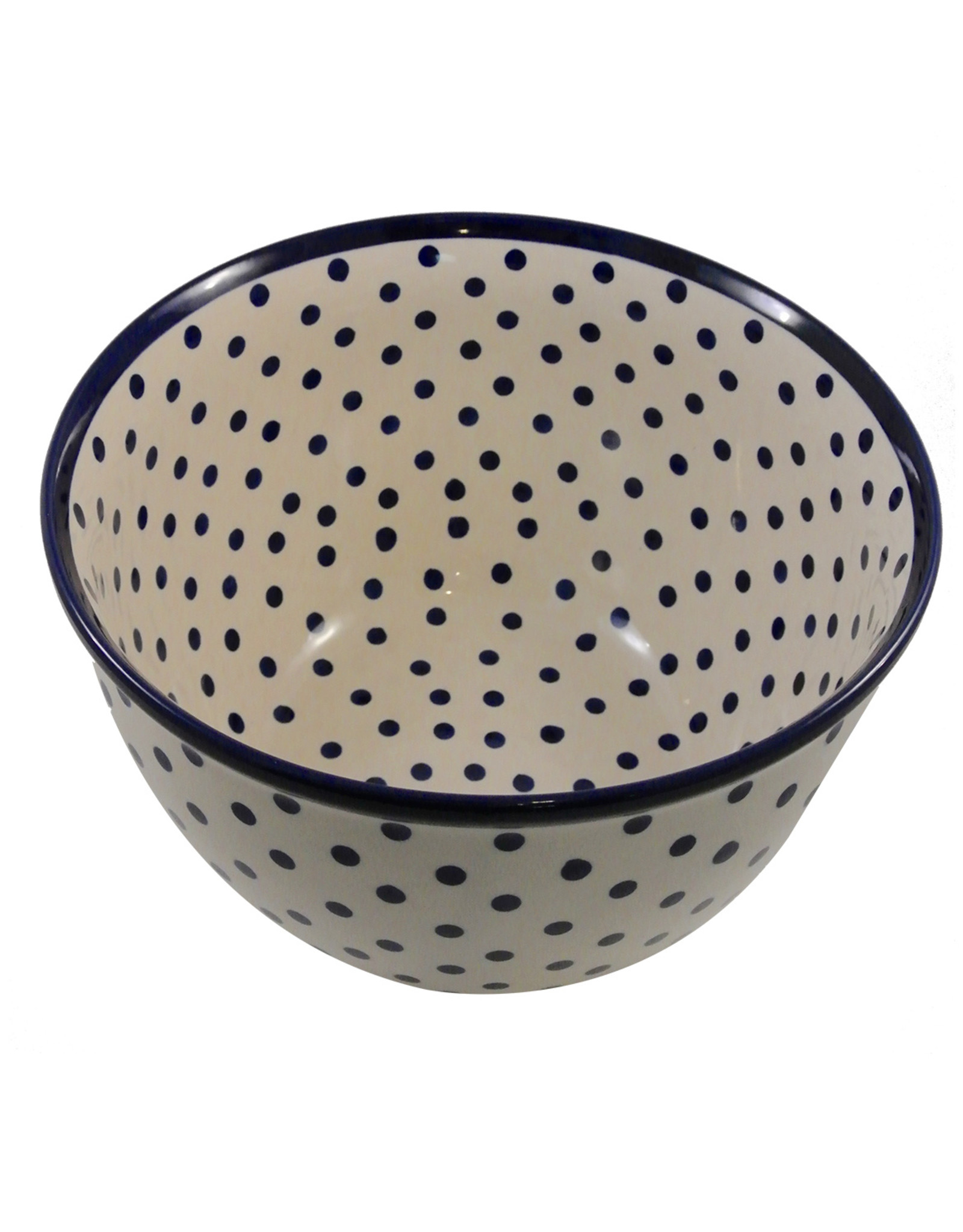 Large Serving Bowl - White w/Blue Dots & Blue Rim