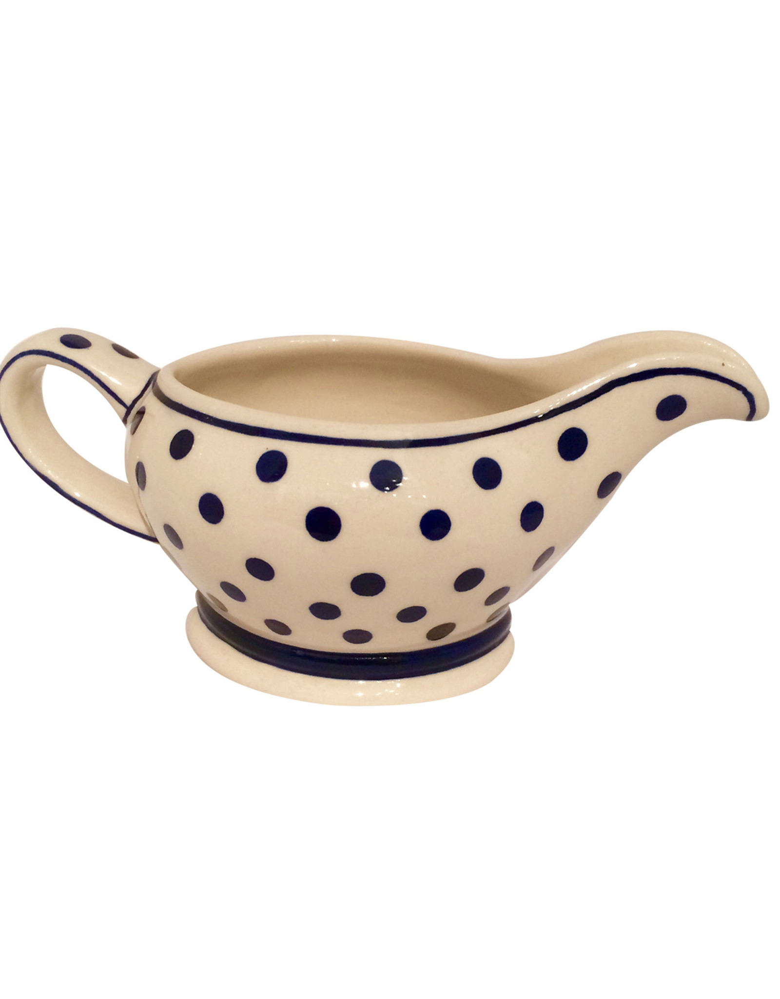 Beautifully white gravy boat decorated with blue dots. GET YOURS TODAY