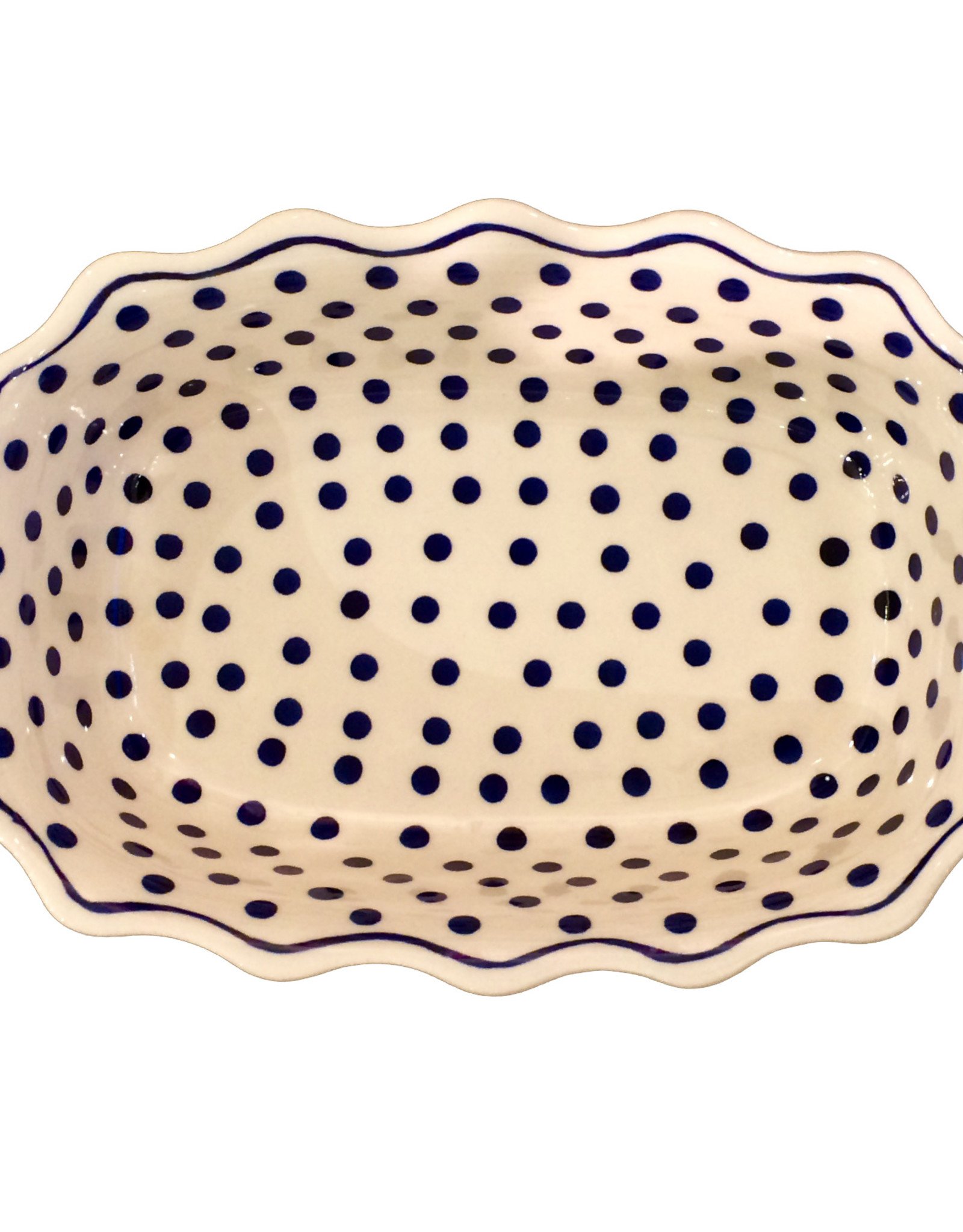 Scalloped Casserole / Dish: White w/ Blue Dots