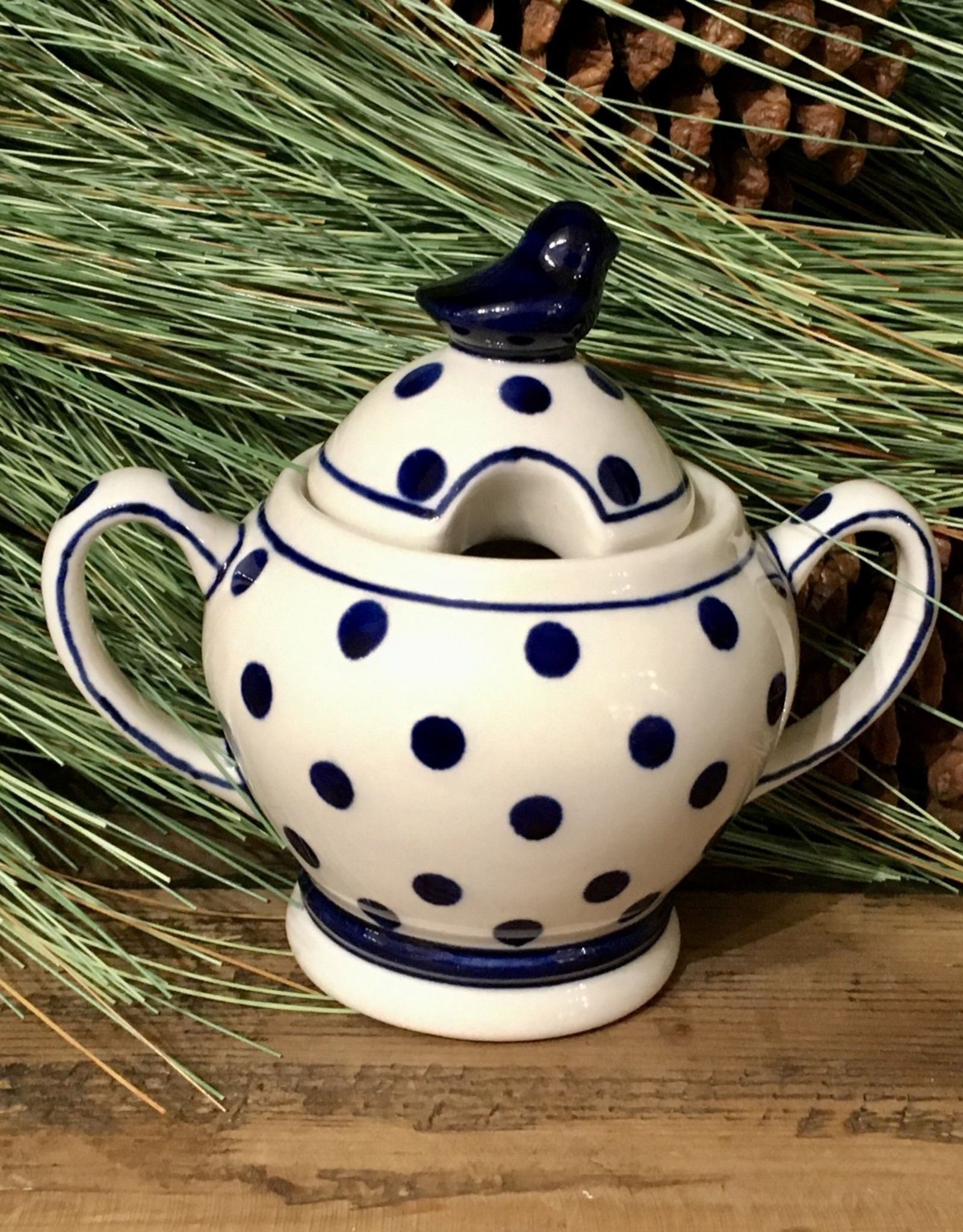 Sugar Bowl - White w/ Blue Dots - Bird On Lid - (D37)