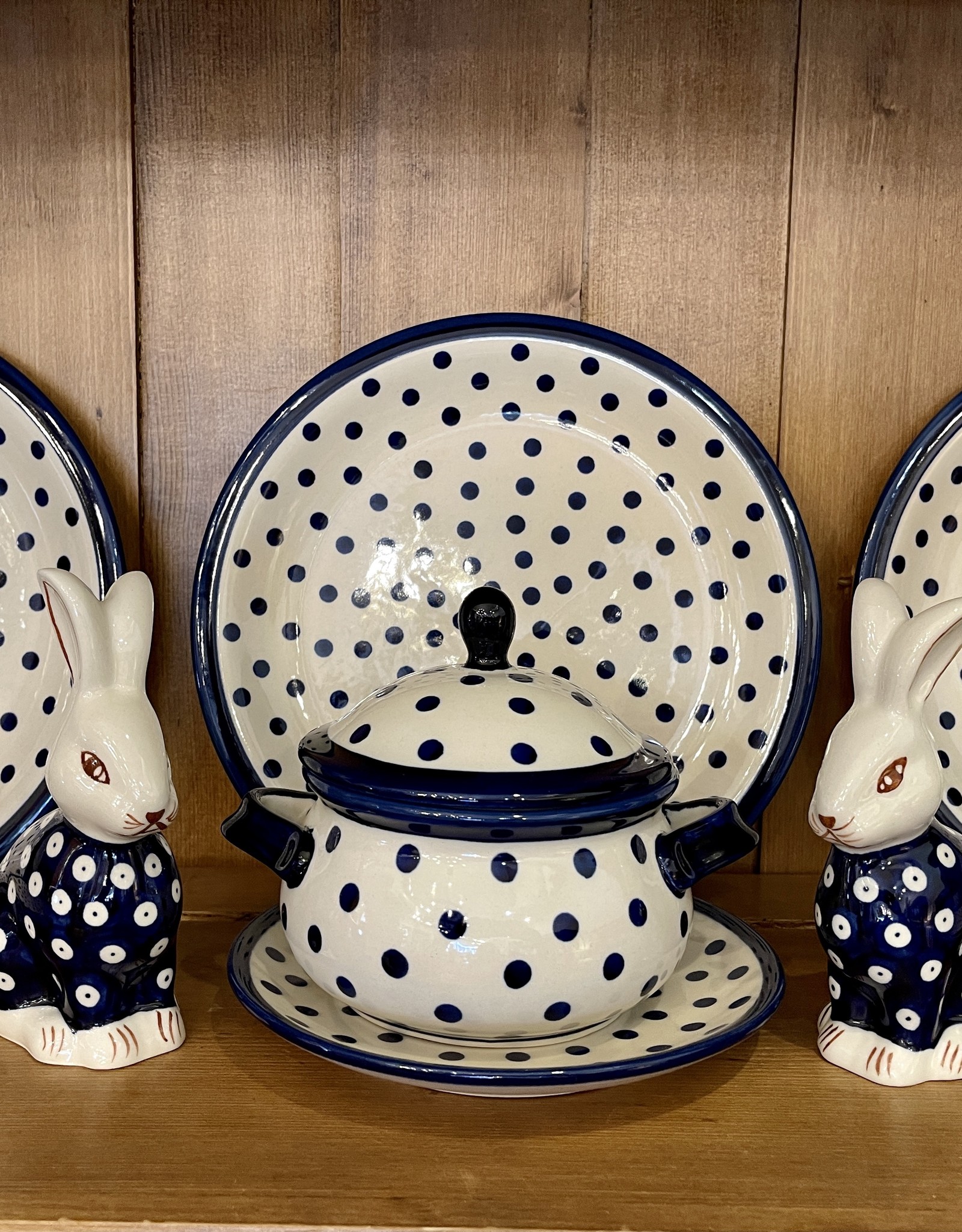 Polish Pottery Bunny Rabbit - Blue/White Dots