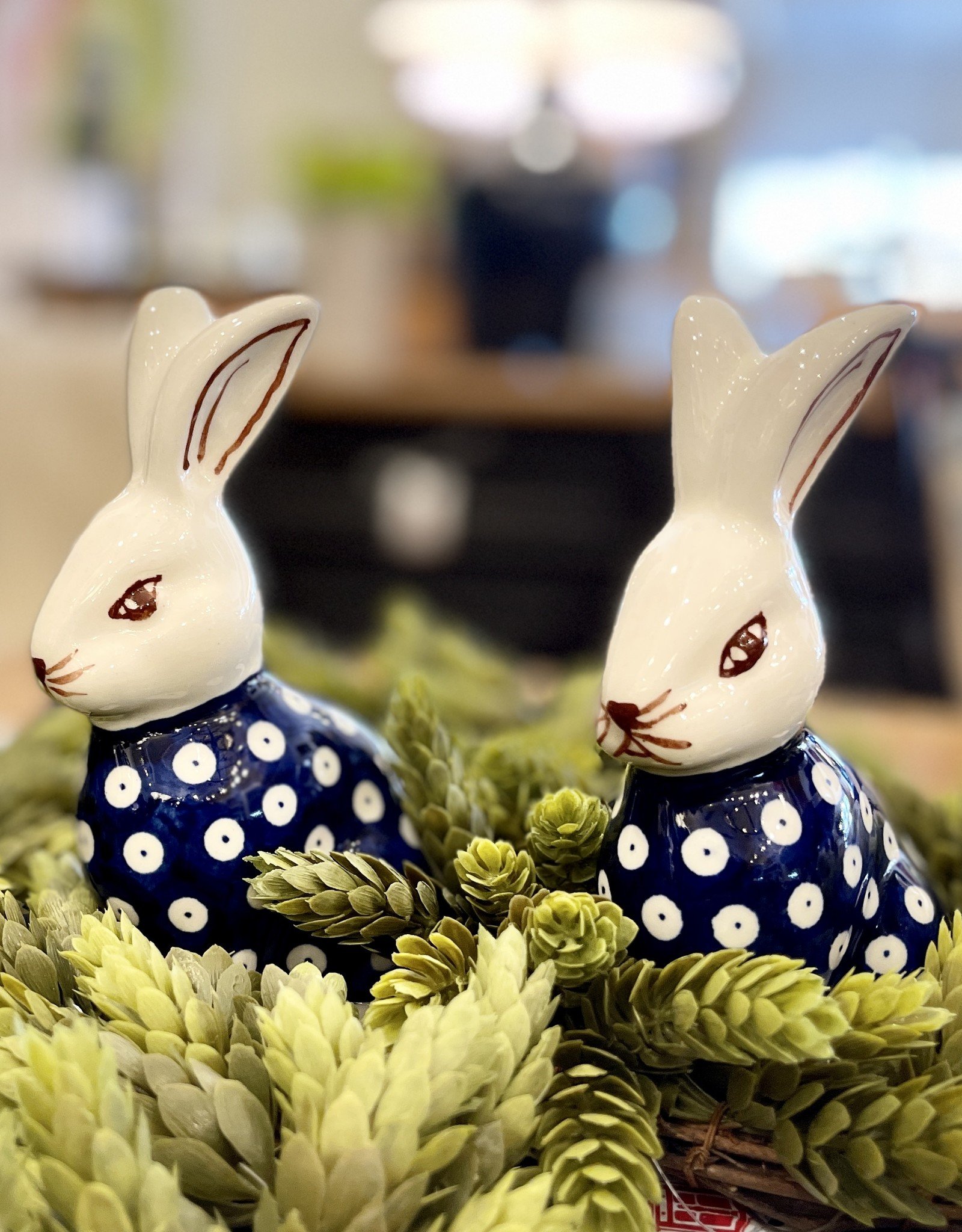 Polish Pottery Bunny Rabbit - Blue/White Dots