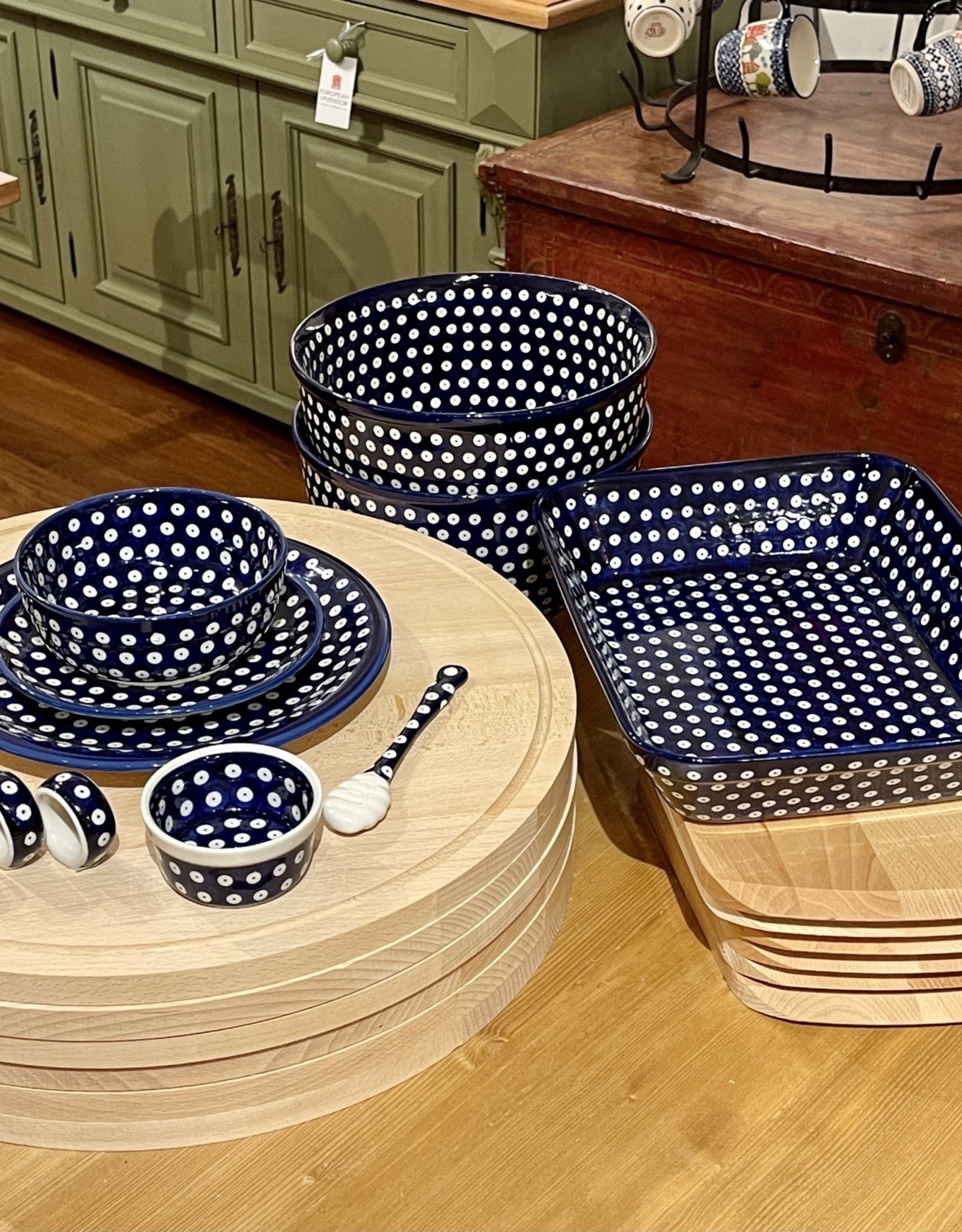 Enamelware Frying Pan Aqua Blue w White Specks & Cobalt Rim