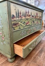 Handpainted Trunk II - Green. Bohemian Village Landscape W/ Drawer.