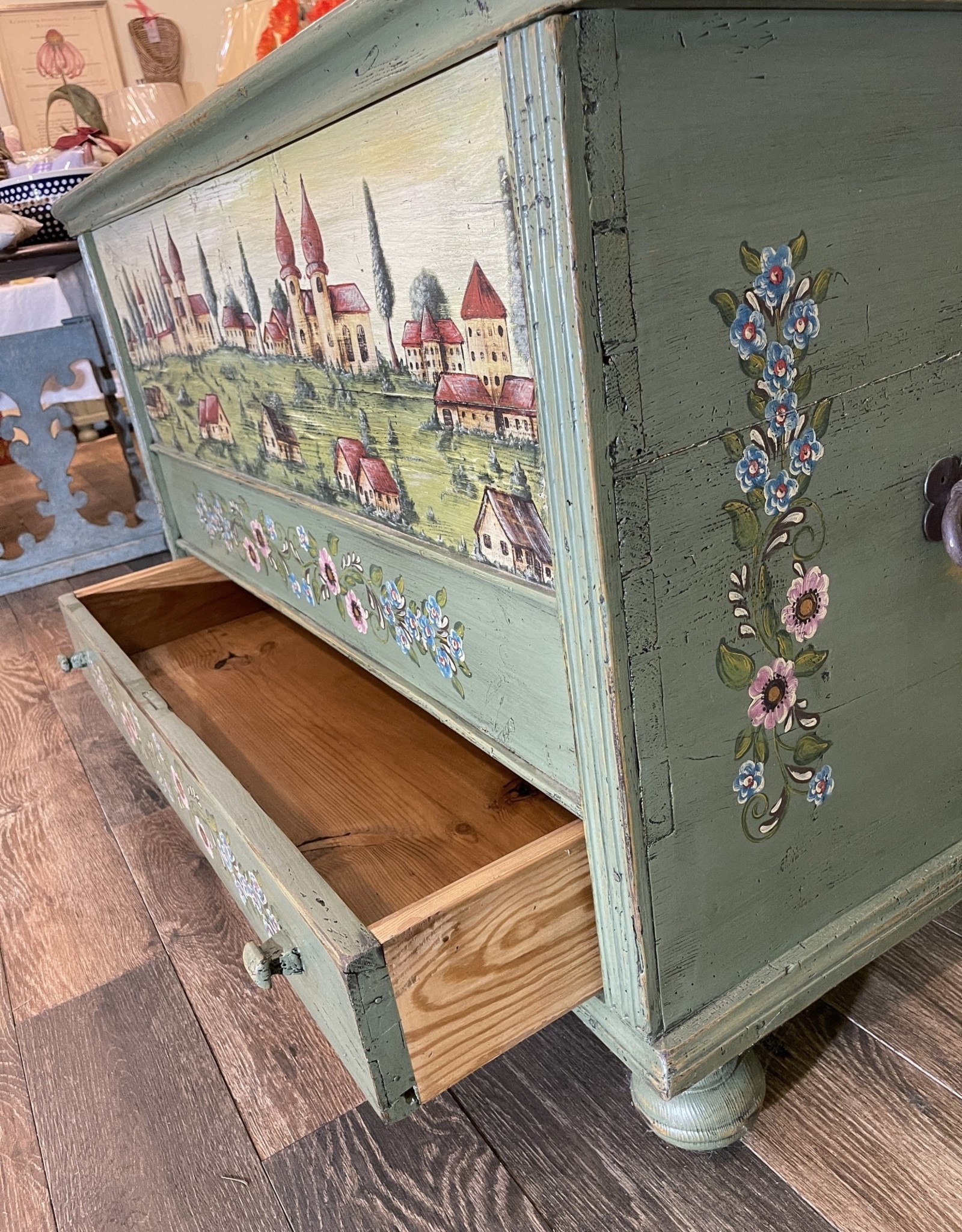 Handpainted Trunk II - Green. Bohemian Village Landscape W/ Drawer.