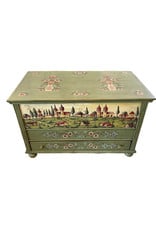 Handpainted Trunk II - Green. Bohemian Village Landscape W/ Drawer.