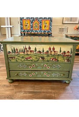 Handpainted Trunk II - Green. Bohemian Village Landscape W/ Drawer.