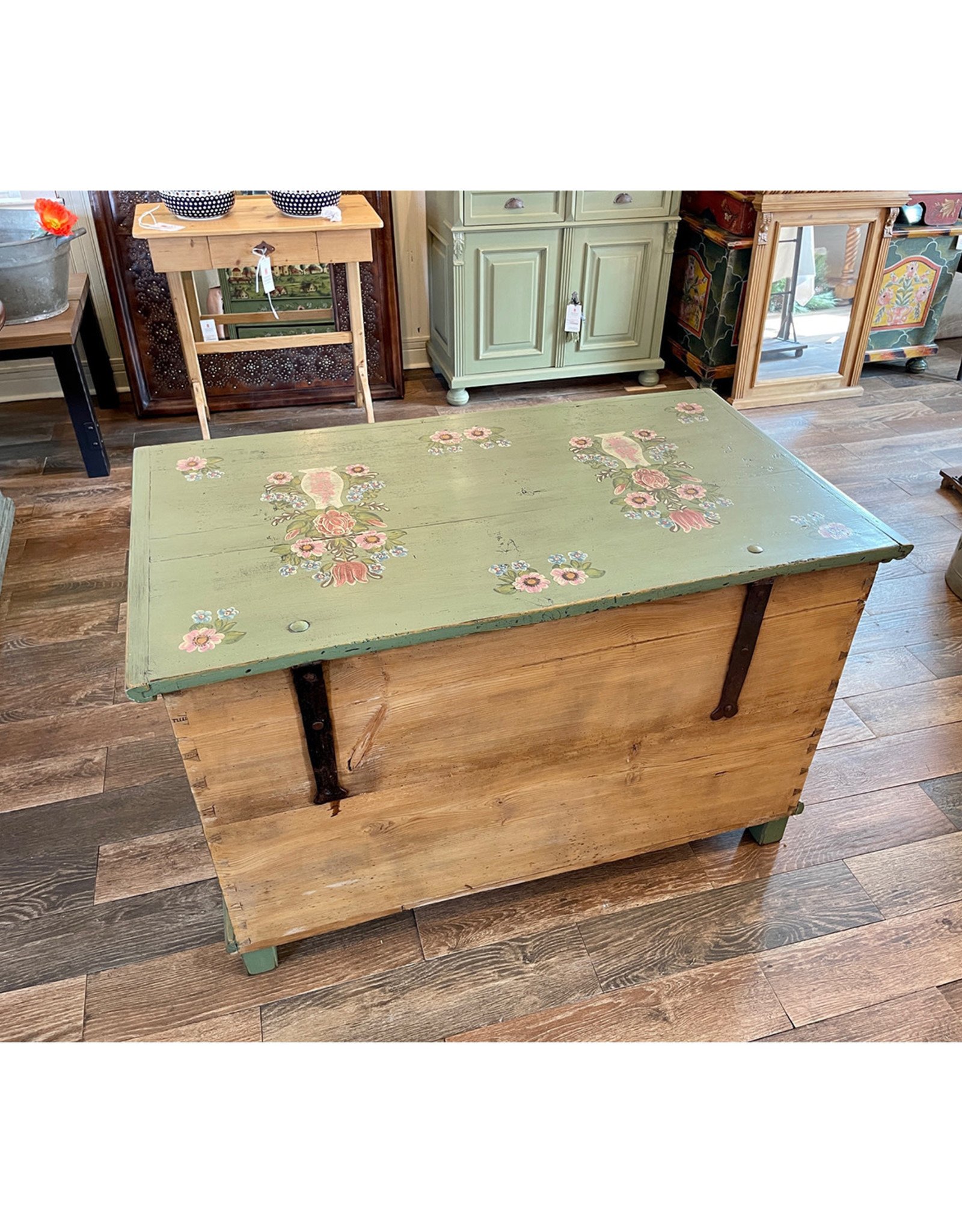 Handpainted Trunk II - Green. Bohemian Village Landscape W/ Drawer.