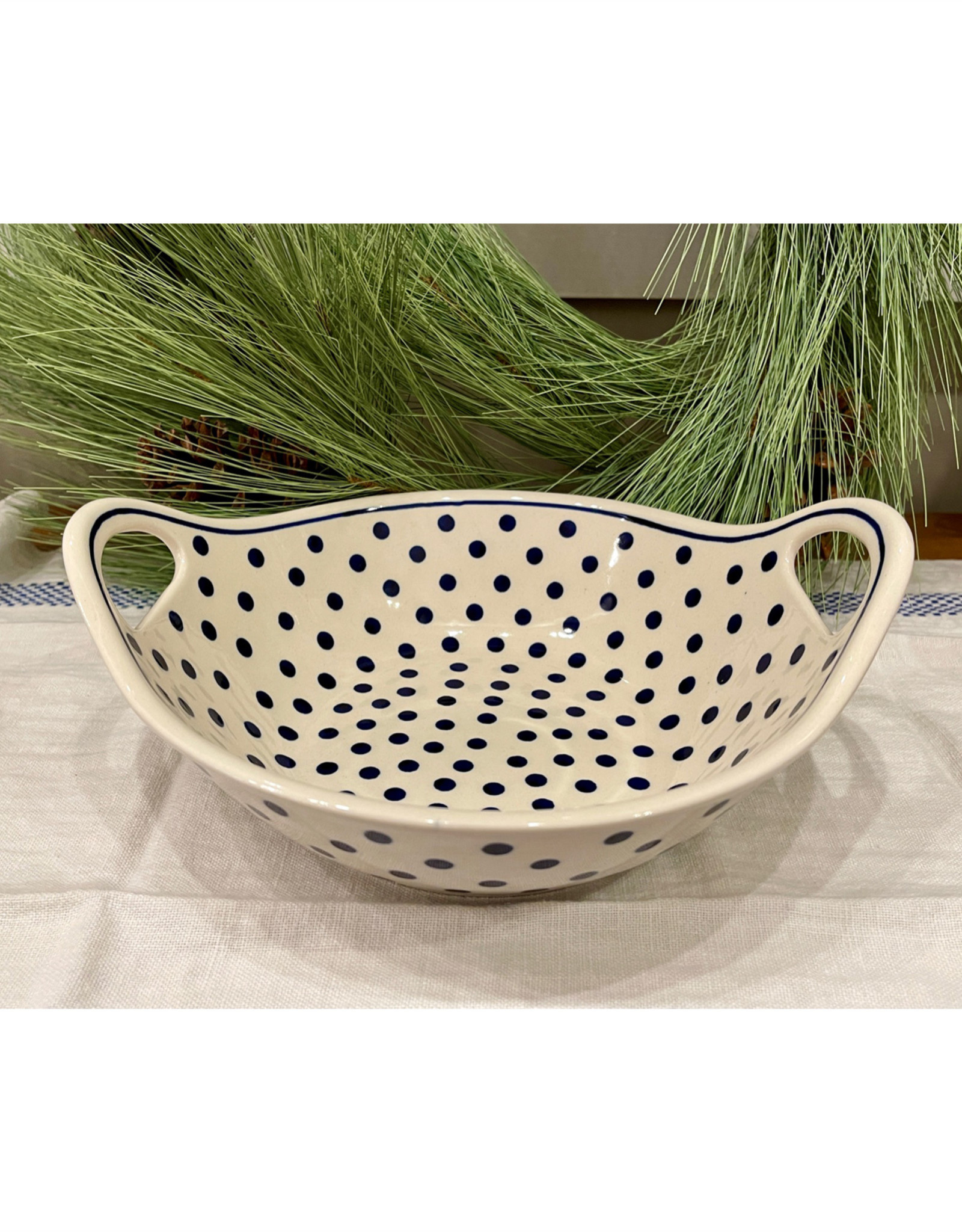 Bowl w/Handles - White w/Blue Dots