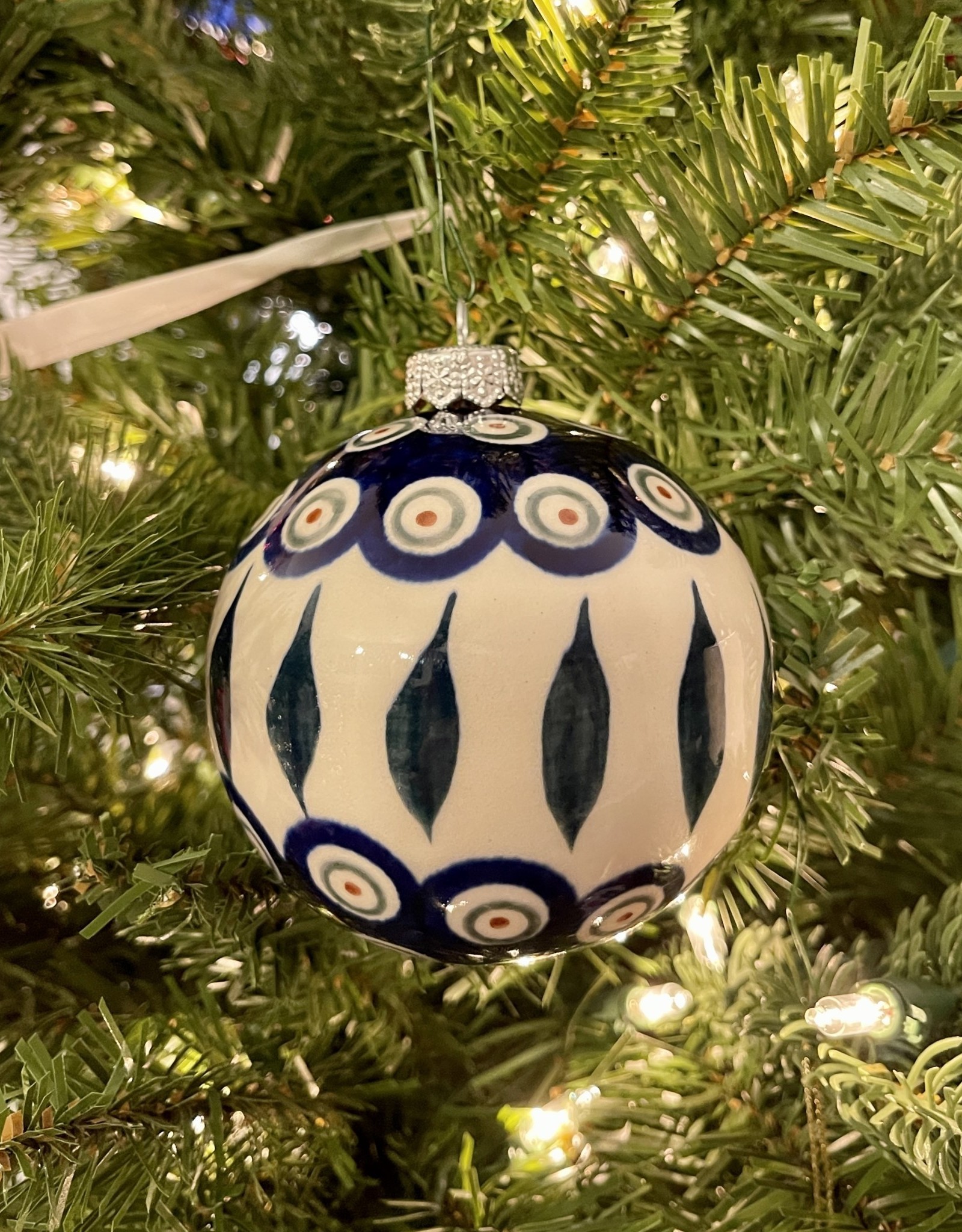 Festive Polish Pottery Peacock Christmas Ball Ornament - (D56