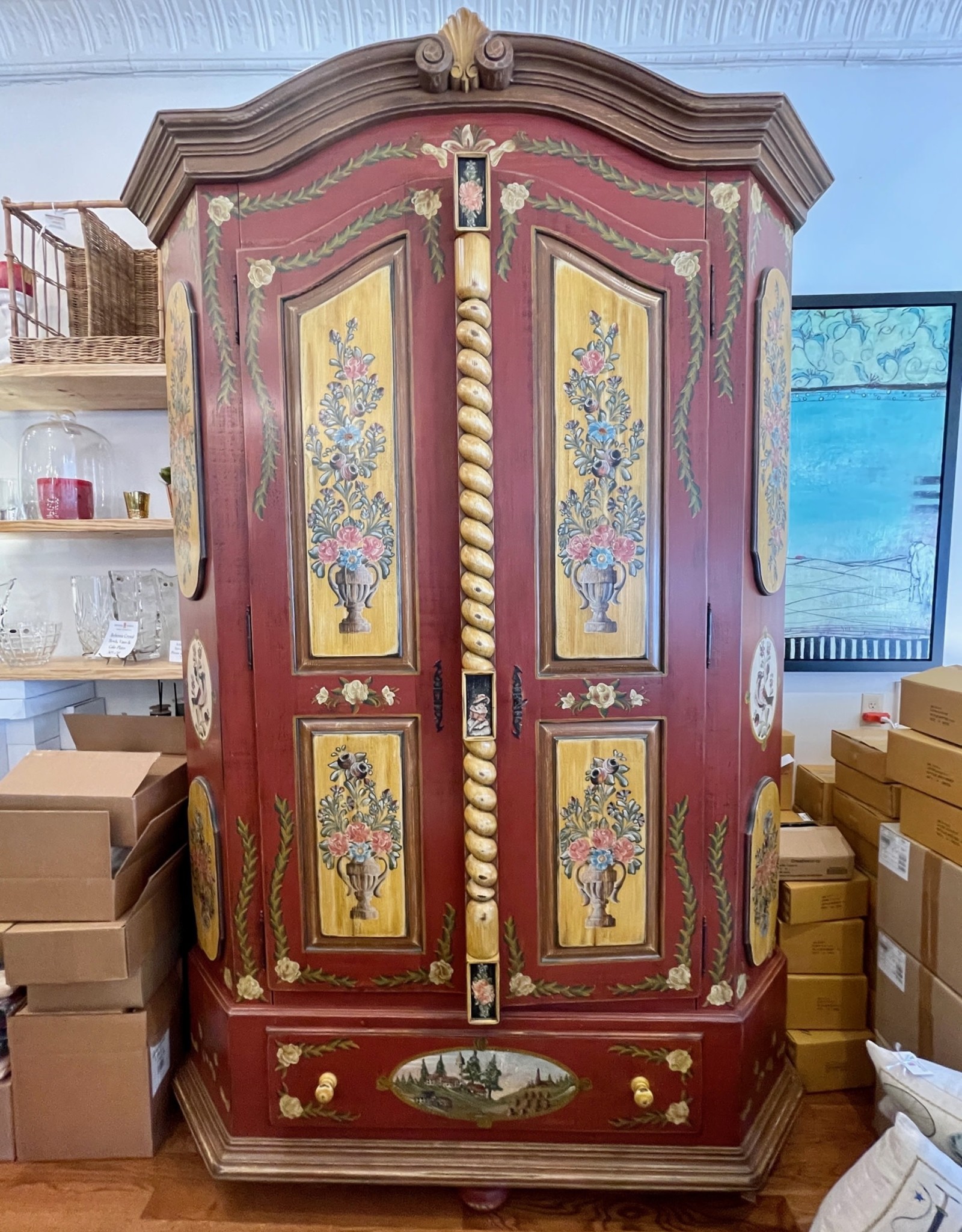 "Big Red" 9 Ft Tall Armoire. 108" tall x 69" Wide x 32" Deep Distress' Red