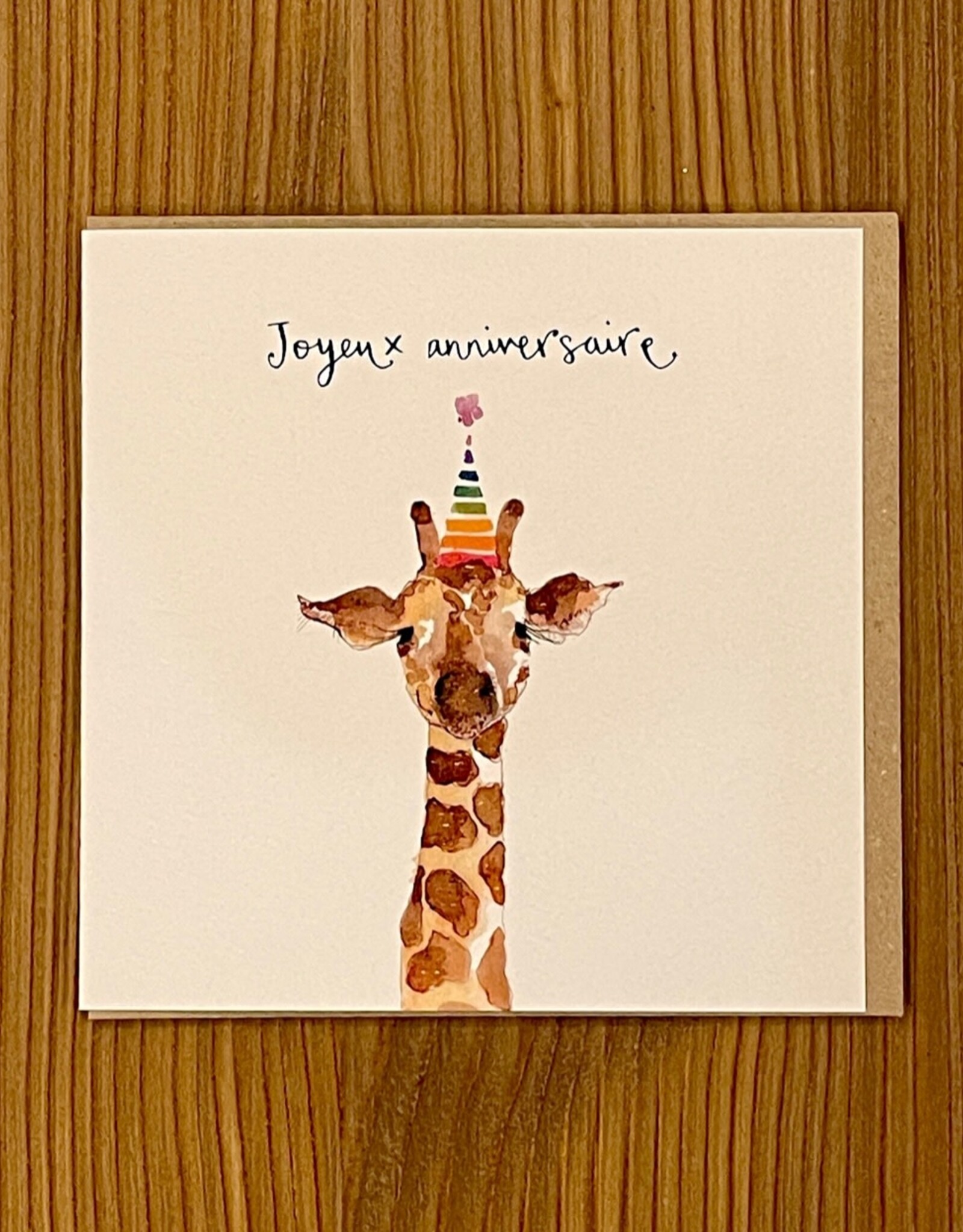 Giraffe "Joyeux Anniversaire"  by Louise Mulgrew Greeting Card 6" x 6"