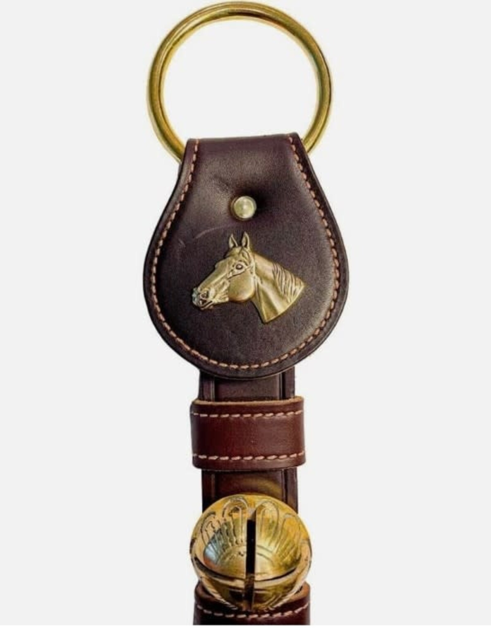 Belsnickel Bells HORSEHEAD CHARM, 3 Solid Brass Belsnickel Bells on Strap, Lg Ring Top - Chestnut