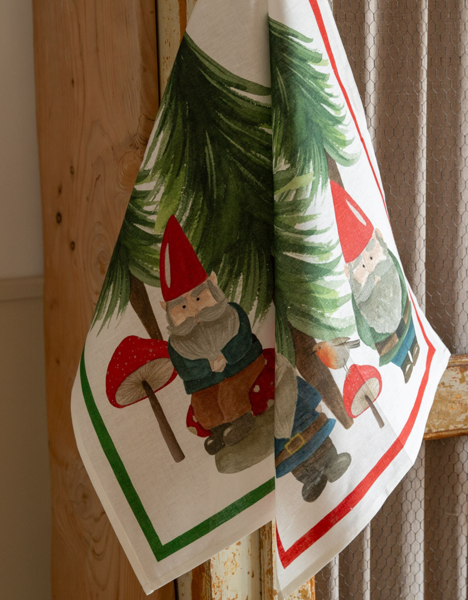 Italian Linen - Jolly Elf Red Kitchen Towel 20"x28" Cream