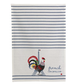 French Cocorico Kitchen Towel Écru/Bleu 19.5 x 27.5 (Recycled Cotton)