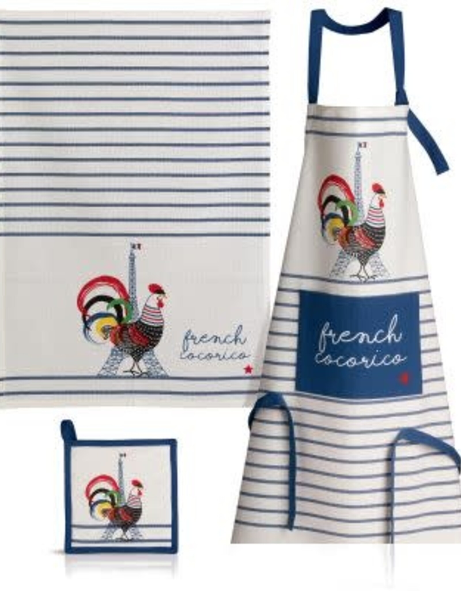 French Cocorico Kitchen Towel Écru/Bleu 19.5 x 27.5 (Recycled Cotton)