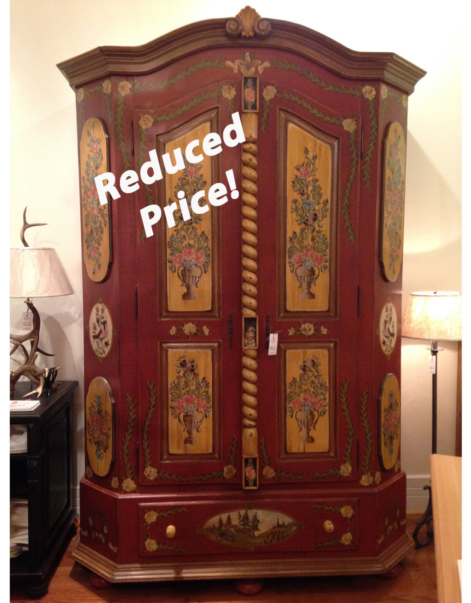 "Big Red" 9 Ft Tall Armoire. 108" tall x 69" Wide x 32" Deep Distress' Red