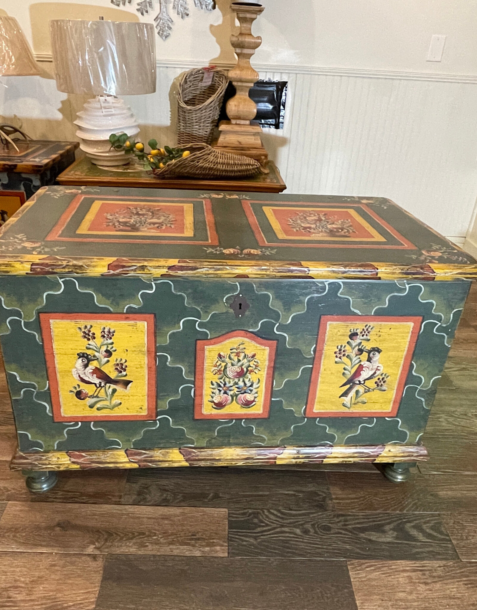 Handpainted Trunk II - Green - Bohemian Birds