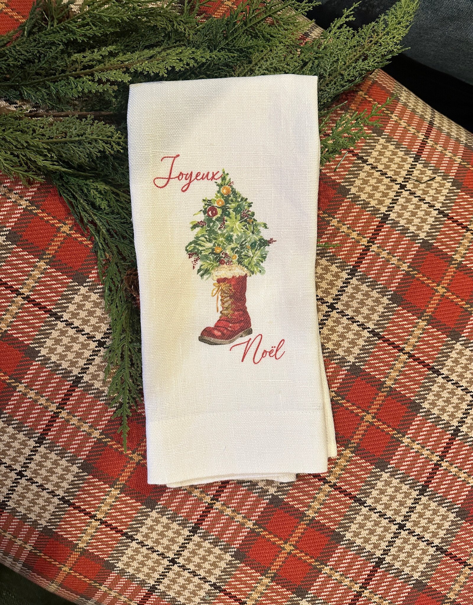 Linen Towel - Christmas Tree Boot (Joyeux Noel) 18" x 24" (100% Linen)