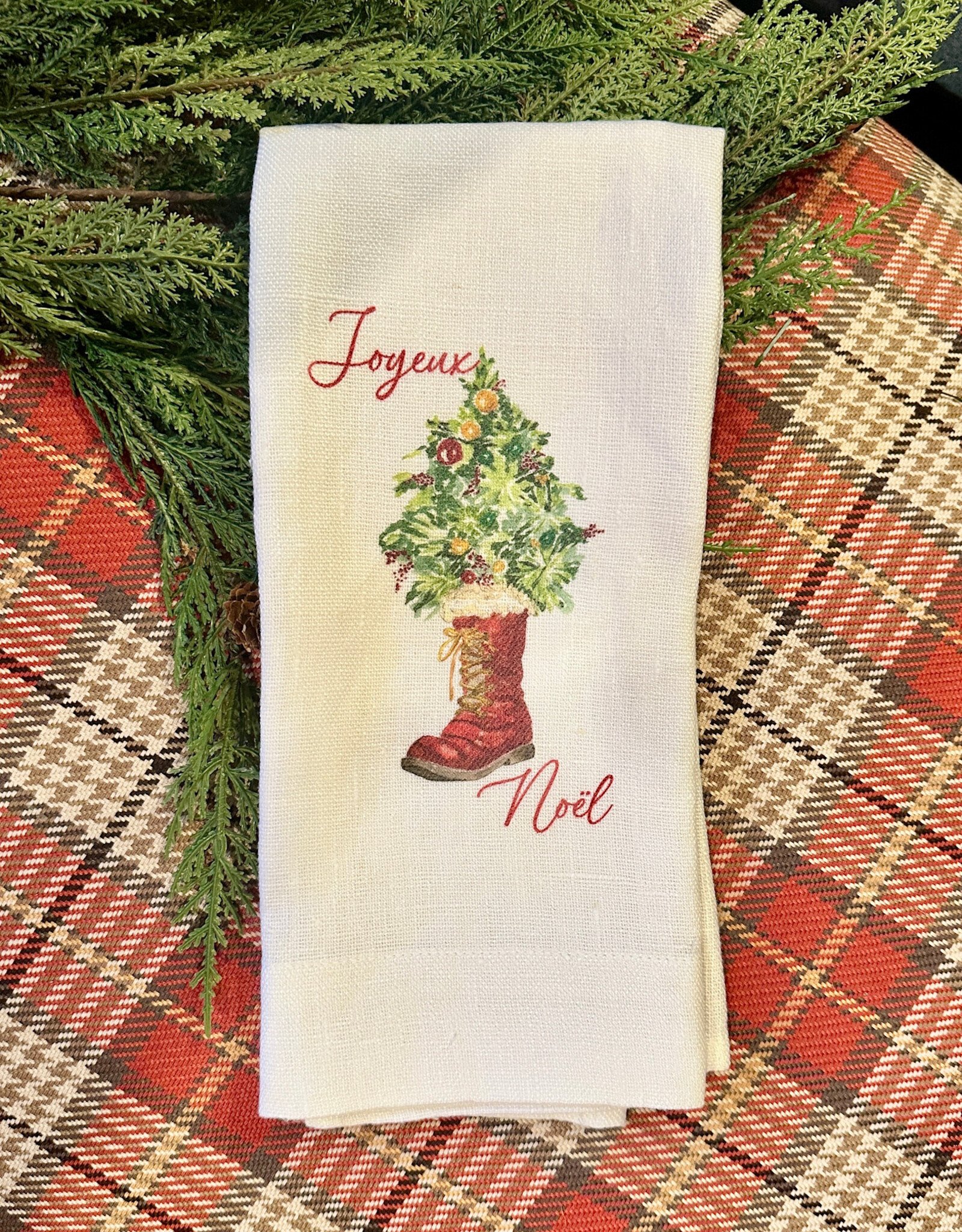 Linen Towel - Christmas Tree Boot (Joyeux Noel) 18" x 24" (100% Linen)