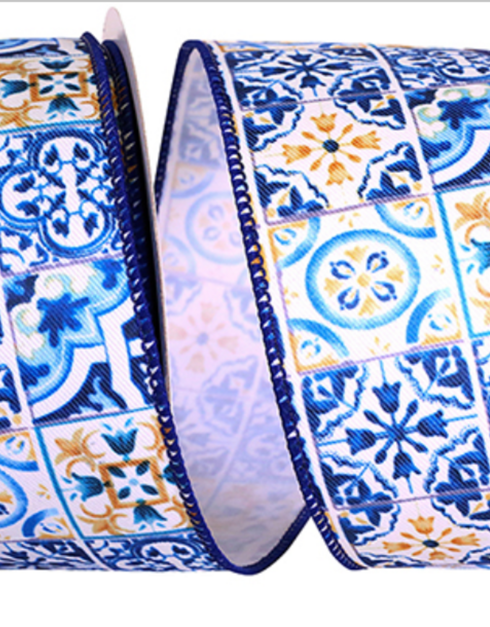 reliant ribbons MEDITERANEO TILES STYLE WIRED EDGE RIBBON - 2.5" X 10YARDS