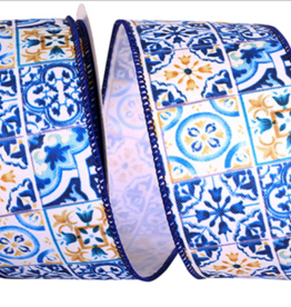 reliant ribbons MEDITERANEO TILES STYLE WIRED EDGE RIBBON - 2.5" X 10YARDS