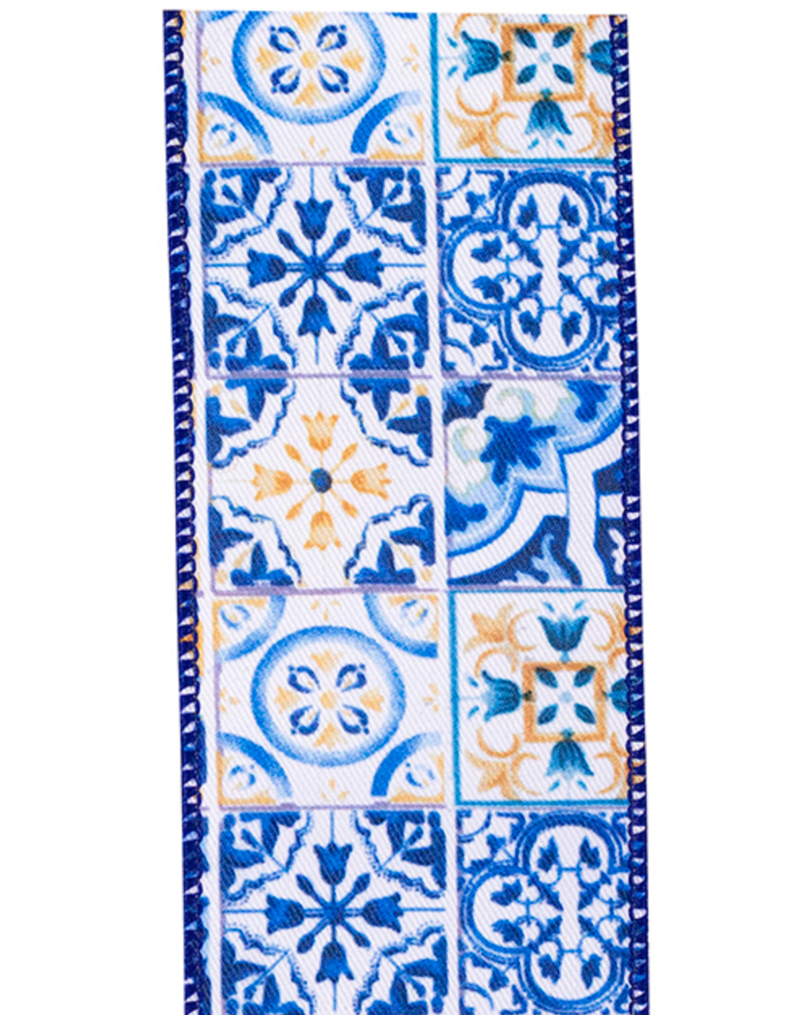 reliant ribbons MEDITERANEO TILES STYLE WIRED EDGE RIBBON - 2.5" X 10YARDS