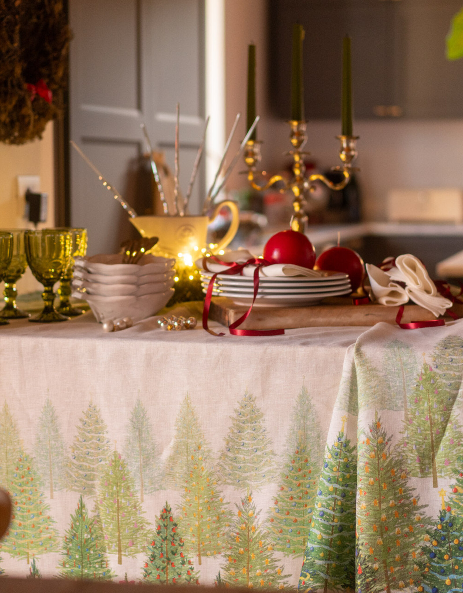 Italian Linen -Fairy Trees 100% Linen Tablecloth - 63" x 90"