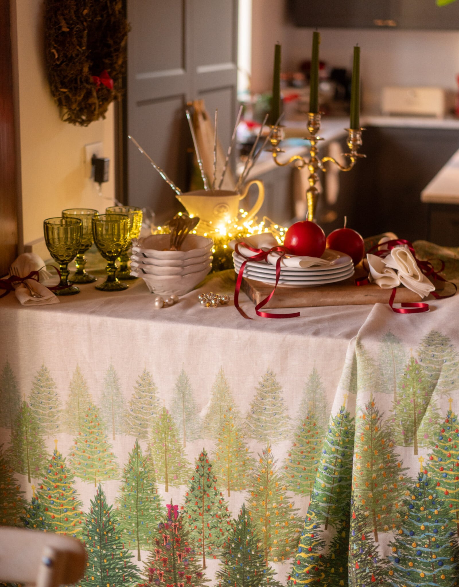 Italian Linen -Fairy Trees 100% Linen Tablecloth - 63" x 90"