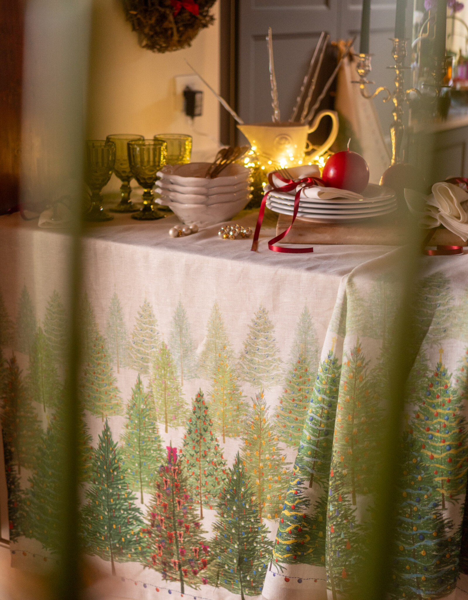 Italian Linen -Fairy Trees 100% Linen Tablecloth - 63" x 90"