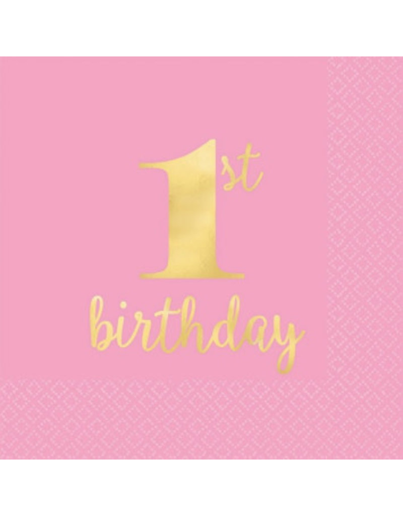 1st Birthday Premium Pink Hot Stamped Beverage Napkins (16)