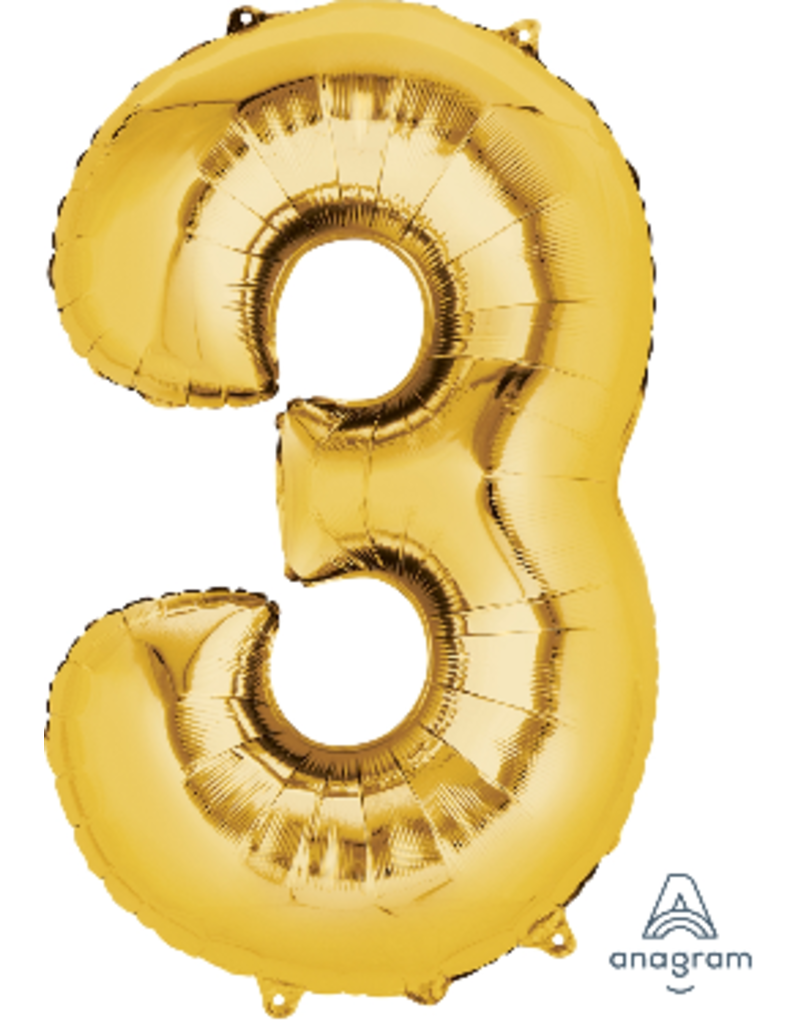 Gold #3 Number Shape Mylar 34" Balloon