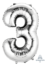 Silver #3 Number Shape Mylar 34" Balloon