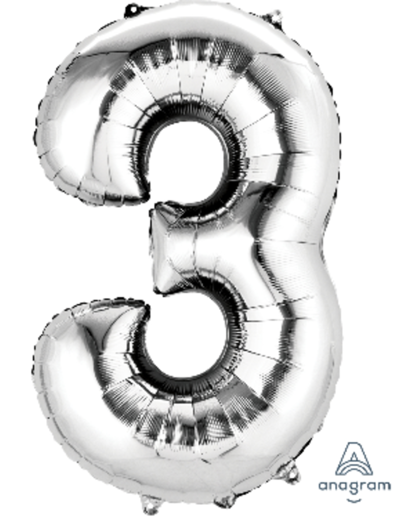Silver #3 Number Shape Mylar 34" Balloon