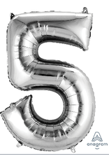 Silver #5 Number Shape Mylar 34" Balloon