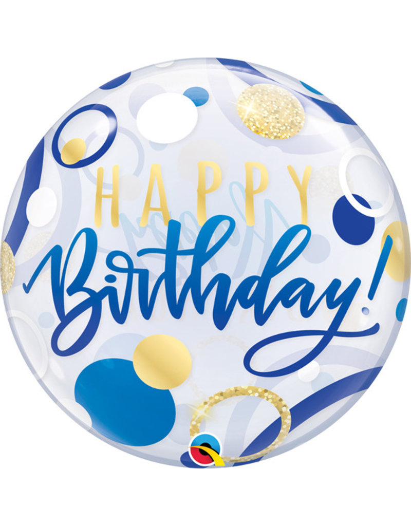Blue & Gold Dots Happy Birthday Bubble Balloon