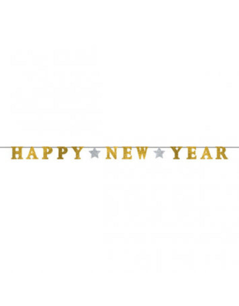 Happy New Year Ribbon Banner w/Glitter Paper Letters - Silver & Gold