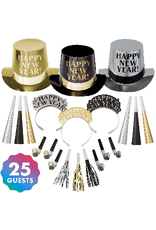 New Years Get The Party Started Party Kit For 25 People-Black, Gold & Silver