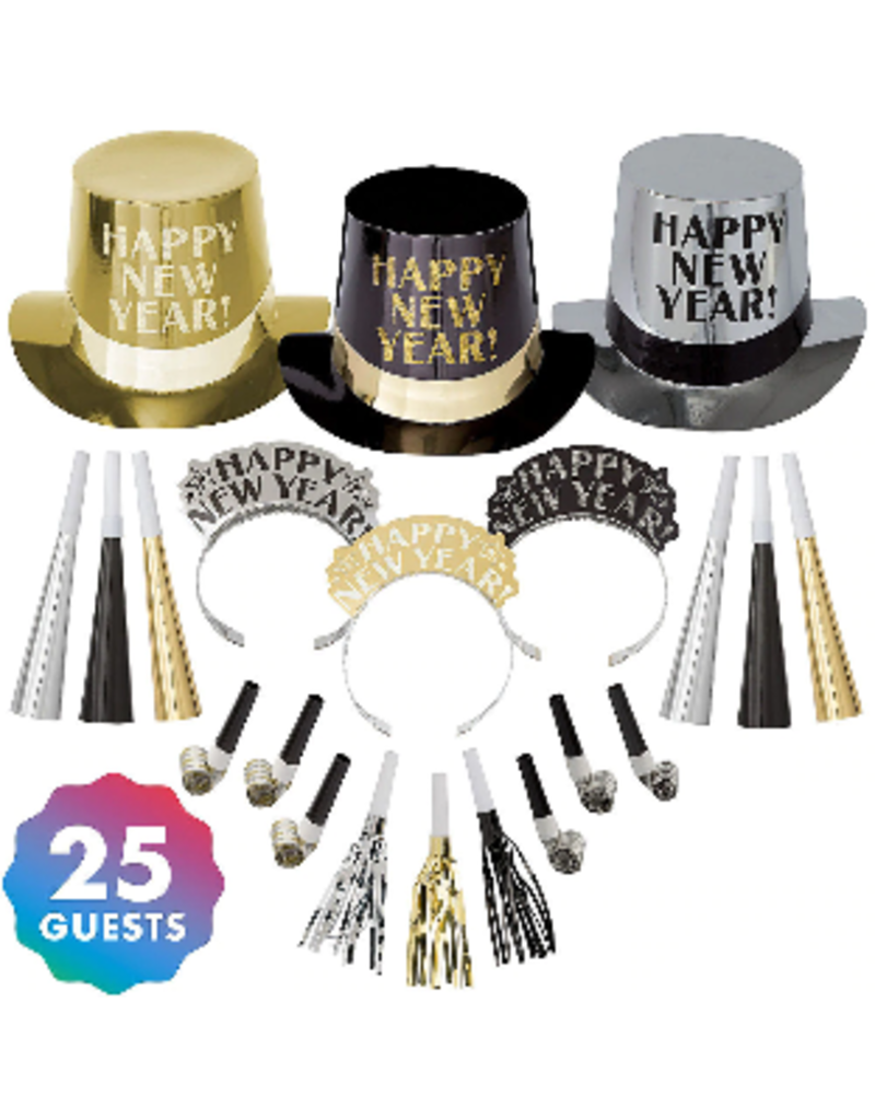 New Years Get The Party Started Party Kit For 25 People-Black, Gold & Silver