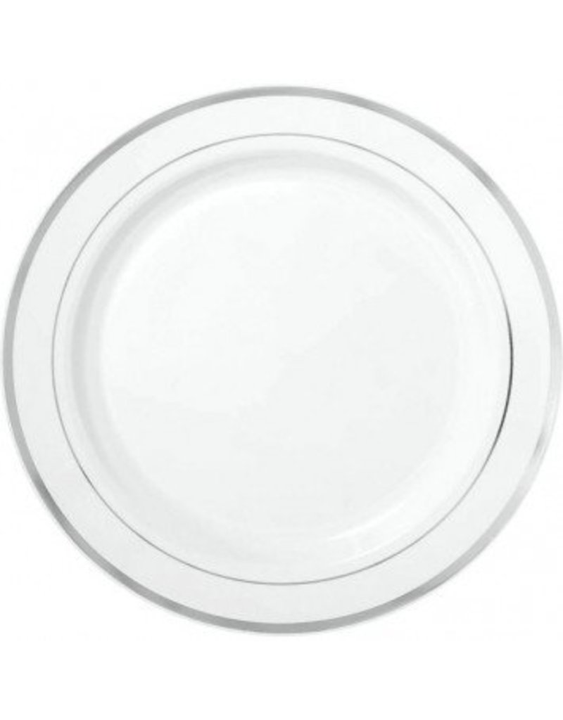 White Premium Plastic Round Plates with Silver Trim 10 1/4" (10)