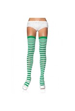 White & Kelly Green Striped Thigh High Stockings