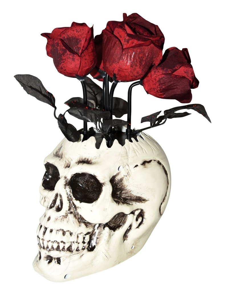 Animated Skull Vase W/Roses