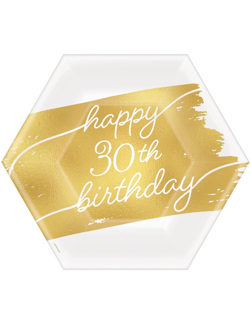 Golden Age Birthday 30th 7" Hexagon Metallic Plates (8)
