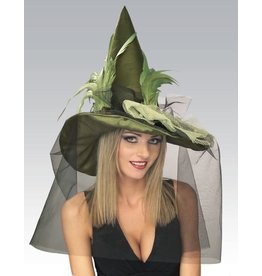 Adult Green Witch Hat with Feather and Veil