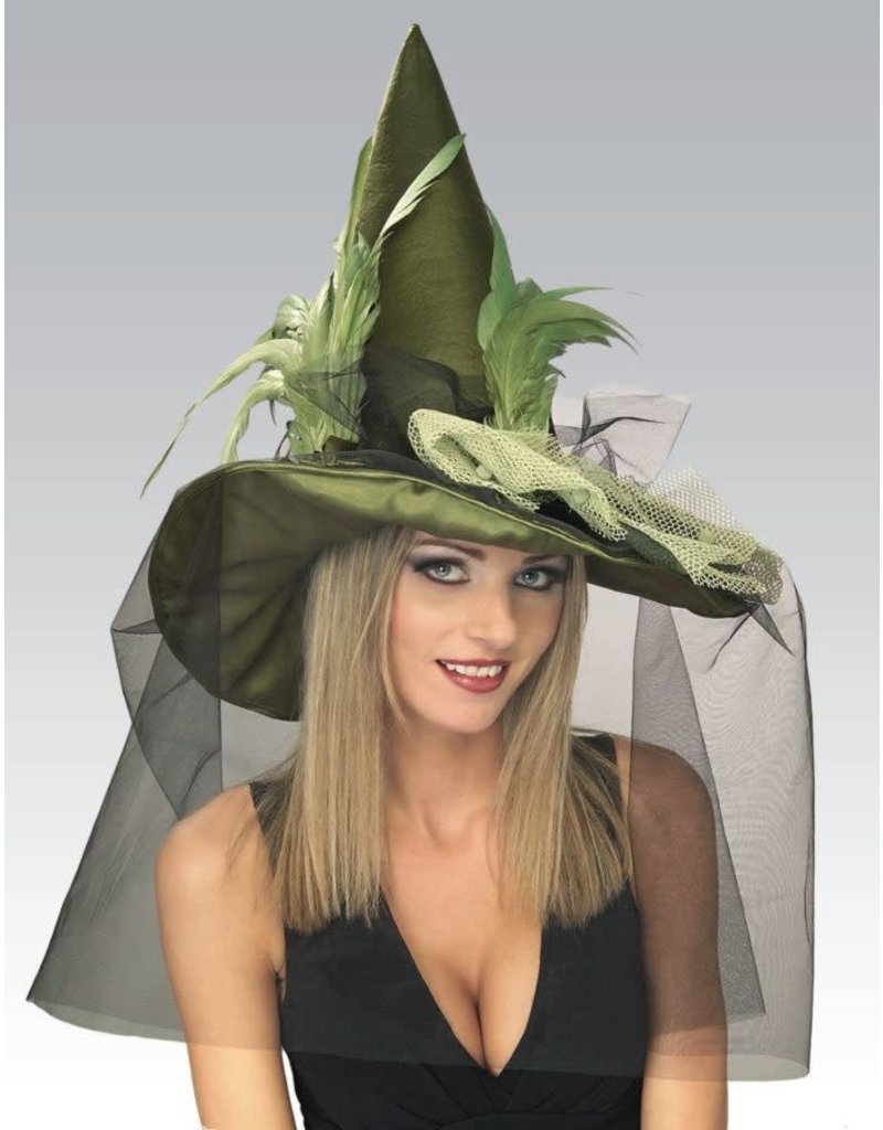 Adult Green Witch Hat with Feather and Veil